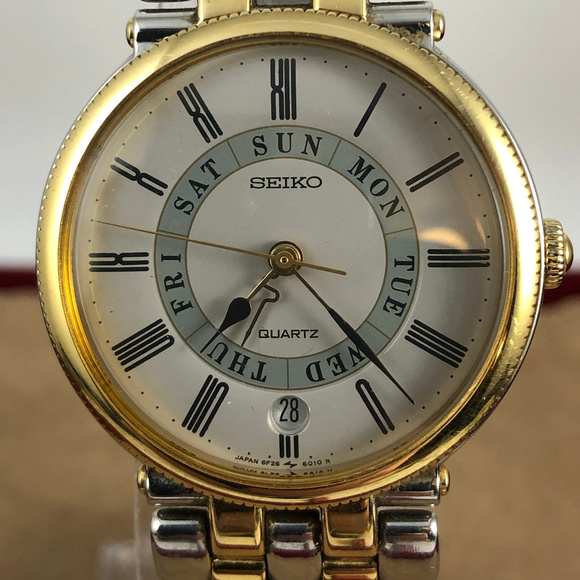 Seiko Other - Rare & Vintage SEIKO Day Date 2 Tone Gold and Silver Watch Coin Edge Bezel